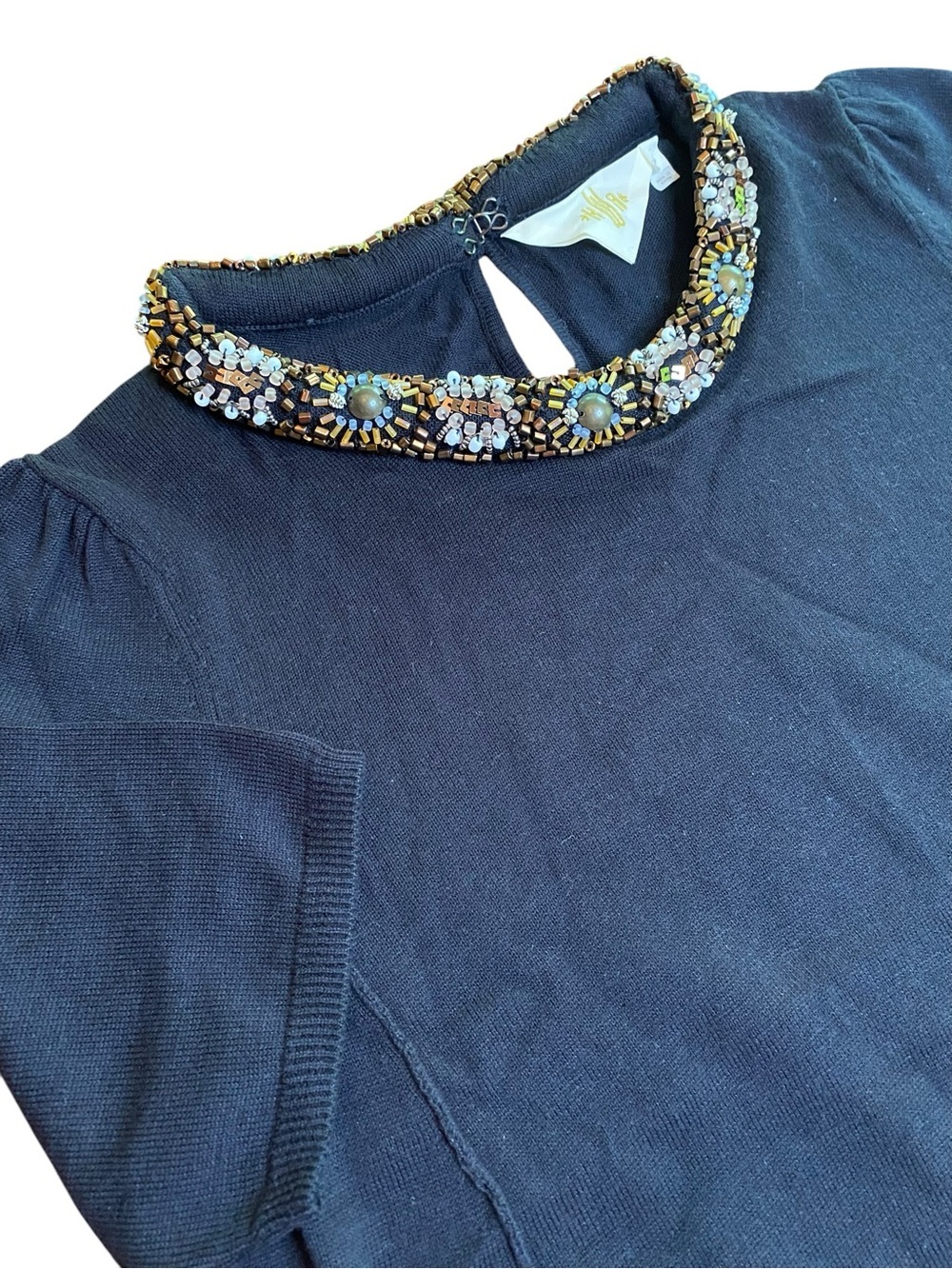 Anthropologie HWR Beaded Collar Babydoll Top Women’s S Preppy Glam Holiday Party